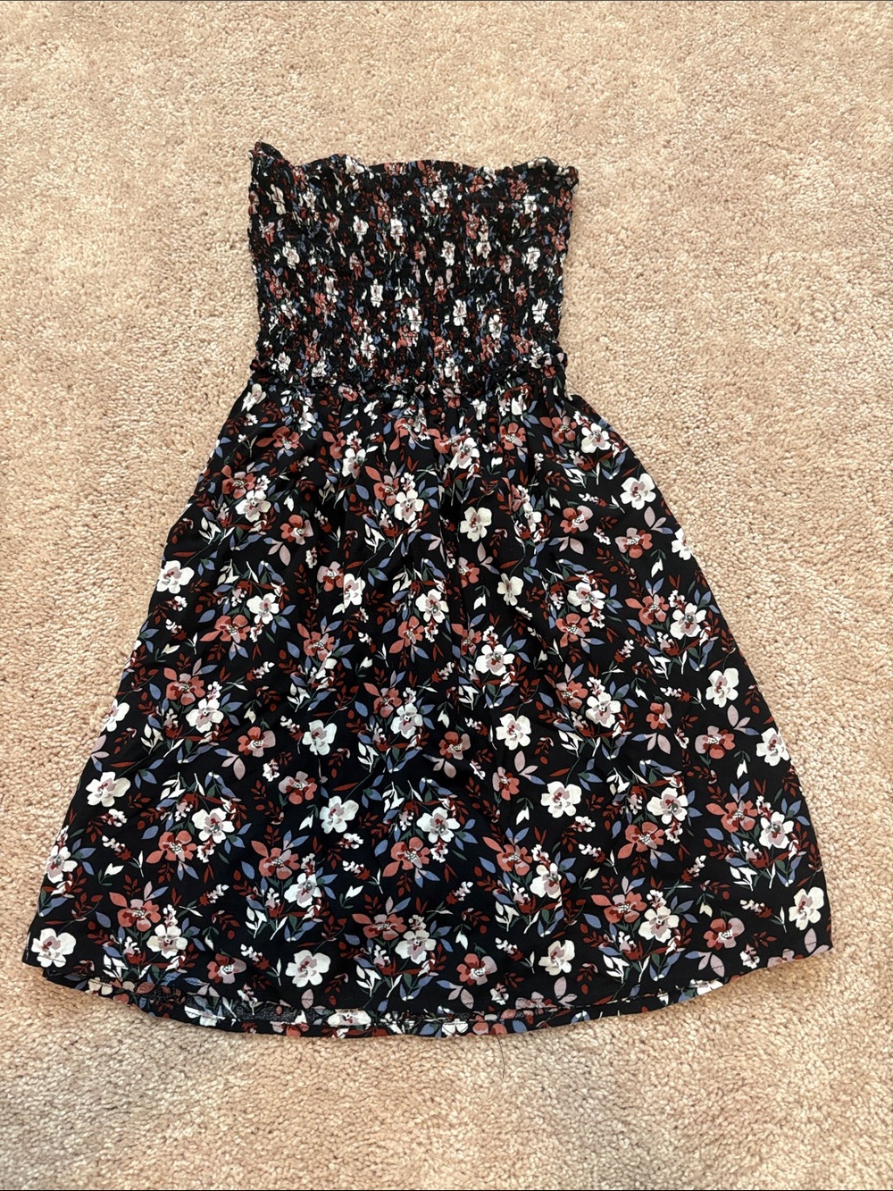 Strapless Floral Sundress in Black with Rust & White Flowers